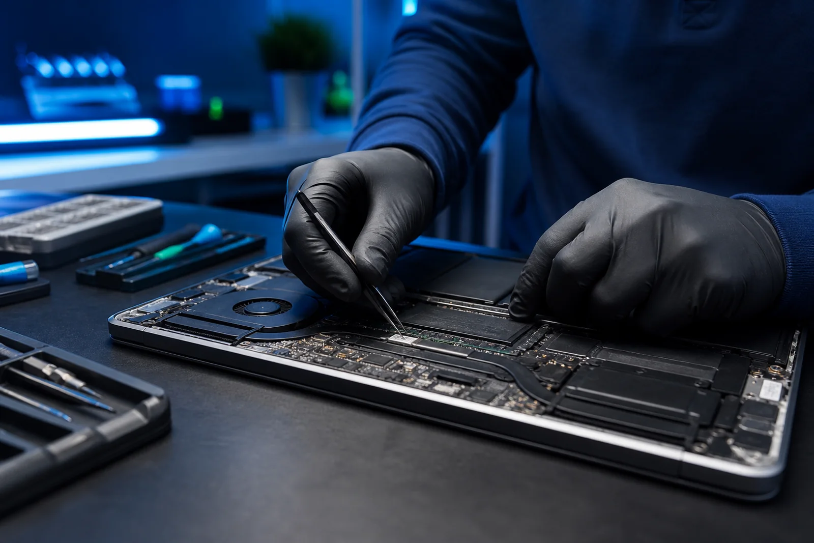 Técnico reparando los componentes internos de una laptop